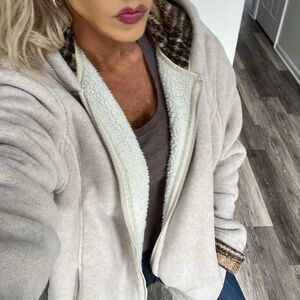 Vintage BASS heavy warm fleece zip up chore jacket barn coat size large tan hood